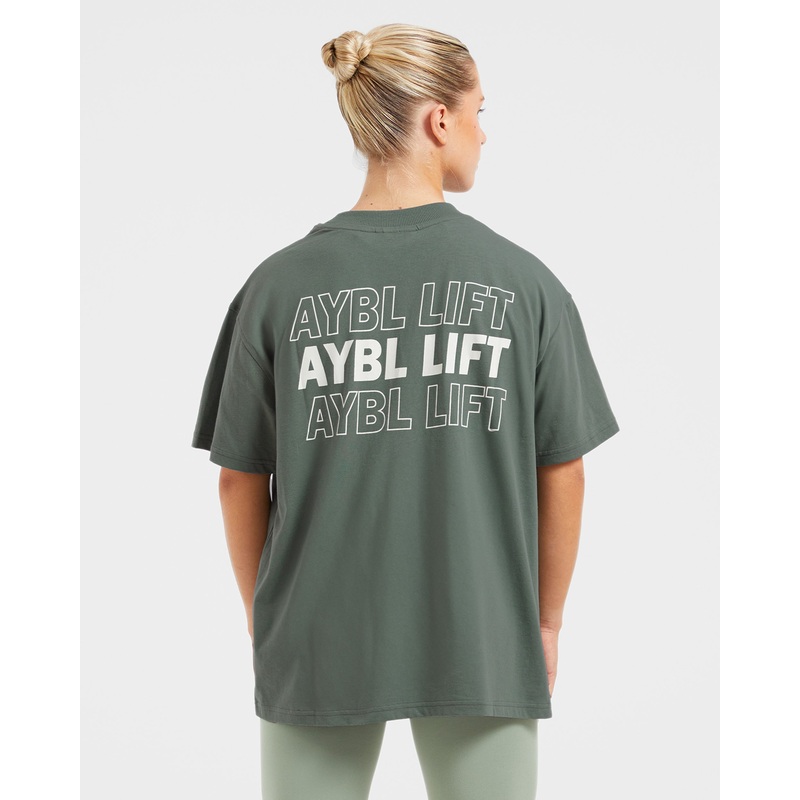 AYBL Lift Italic Oversized T Shirt – Green/Off White XS