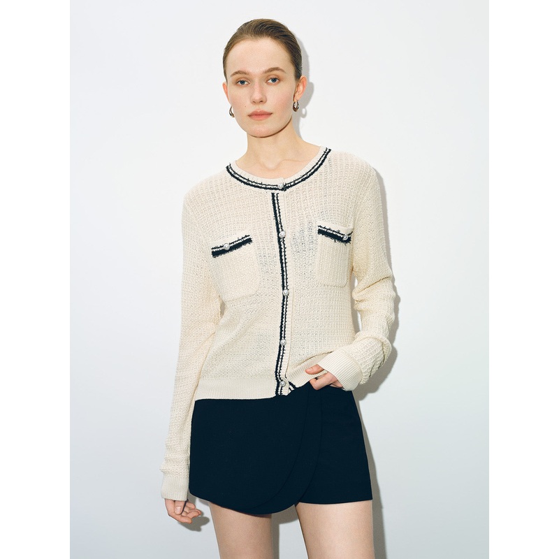 Tweed Crew Neck Knitted Cardigan White XS