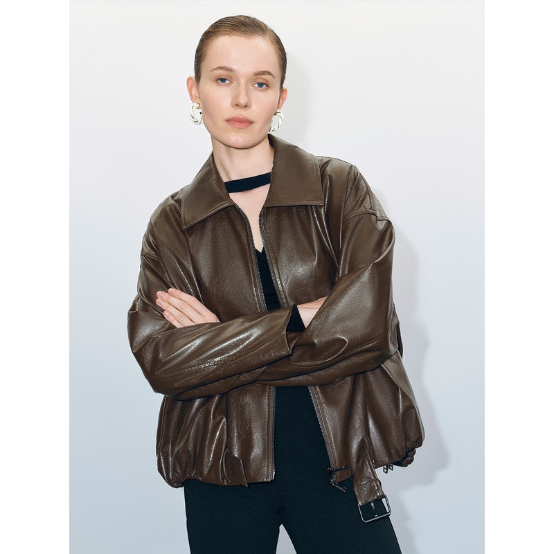 Zipper Front Vegan Leather Oversized Jacket Brown XS-S