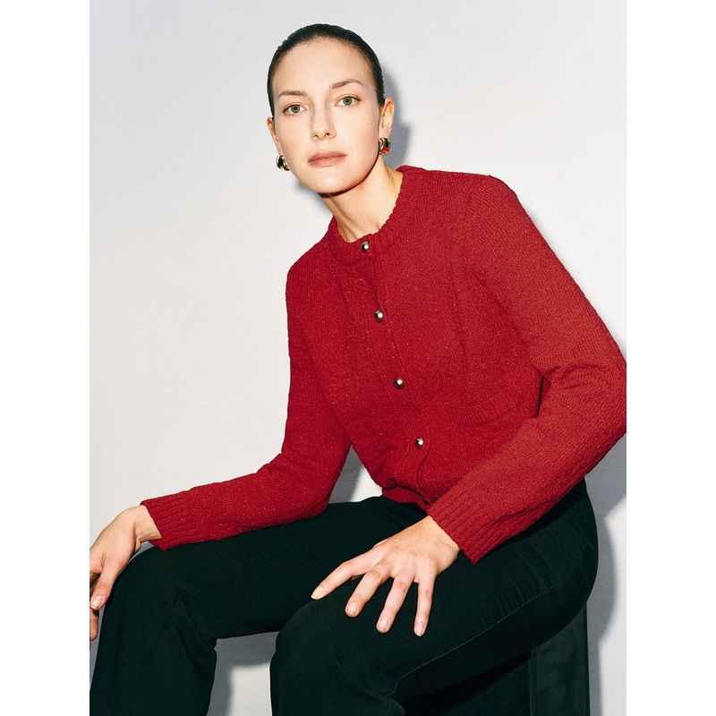 Collared Neck Knitted Cardigans Red XS