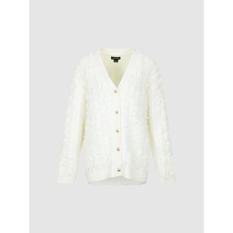 Furry V-Neck Knitted Cardigan White XS
