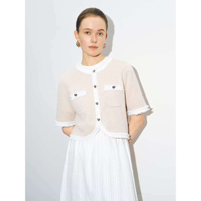 Raw Edge Cropped Knitted Cardigans Khaki Striped XS