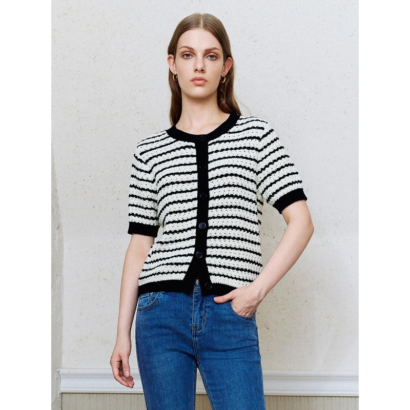 Short Sleeve Striped Knitted Cardigans Black Striped XS