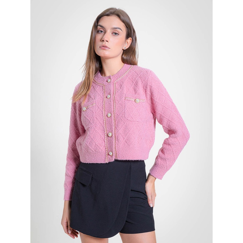 Standard Sleeve Crew Neck Knitted Cardigans Pink XS