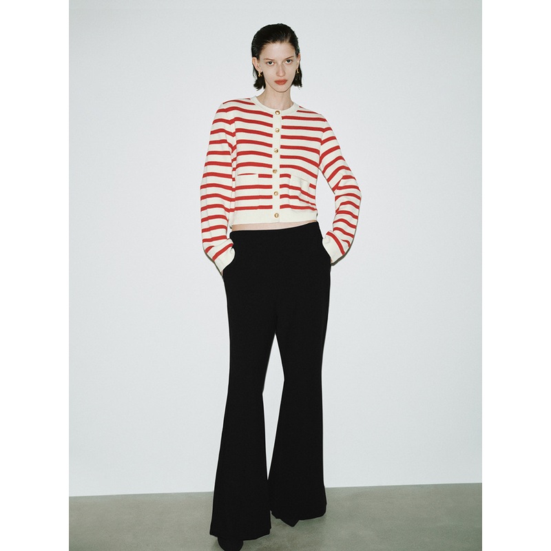 Striped Crew Neck Knitted Cardigan Red Striped XS