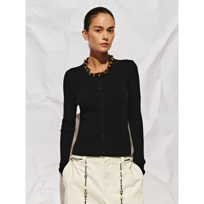 Crew Neck Button Up Knitted Cardigan Black XS