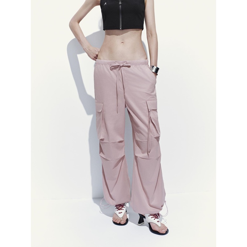 Drawstring Loose Cargo Pants Pink XXS
