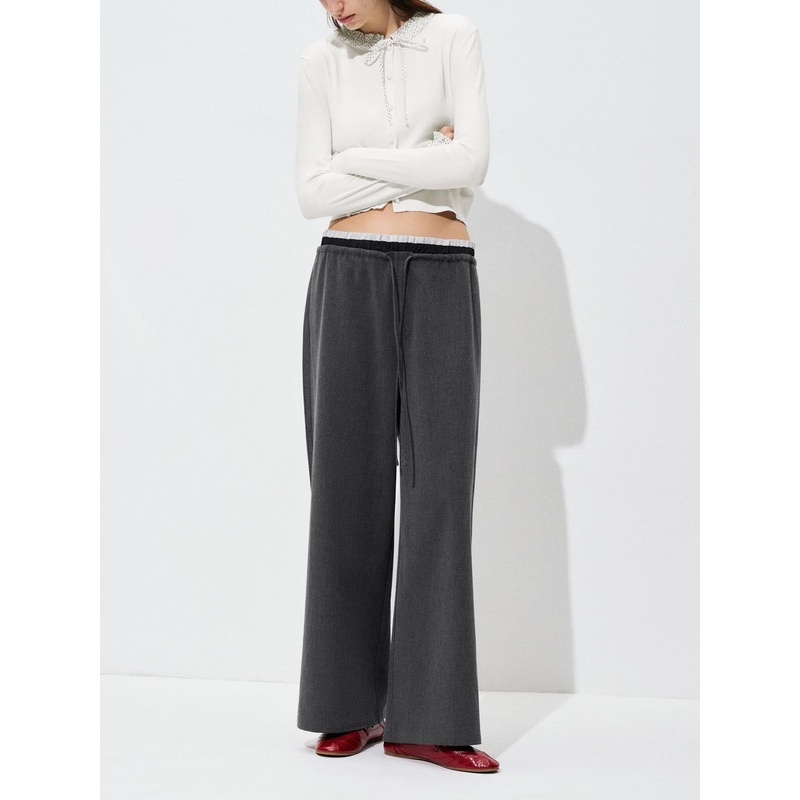 Drawstring Wide Leg Pants Dark Grey XXS