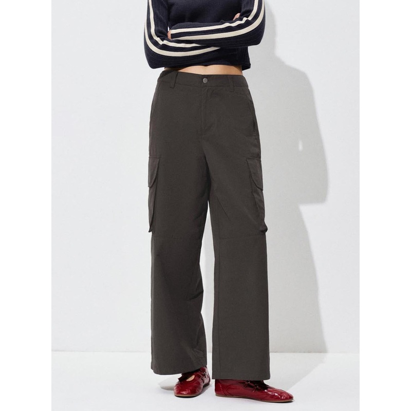 Flap Pockets Wide Leg Pants Brown XXS