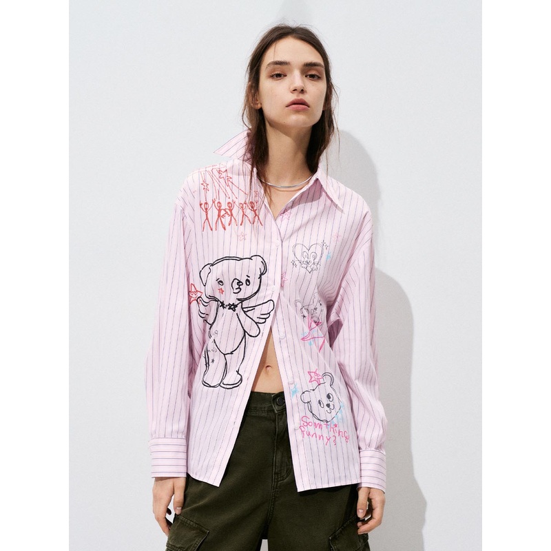 Graffiti Printed Striped Shirts Pink Striped XS