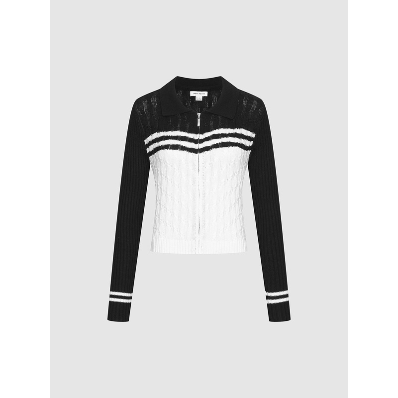 Striped Collared Knitted Cardigan Black XS