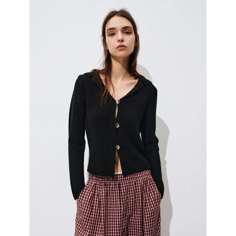 V-Neck Button Up Knitted Cardigan Black XS