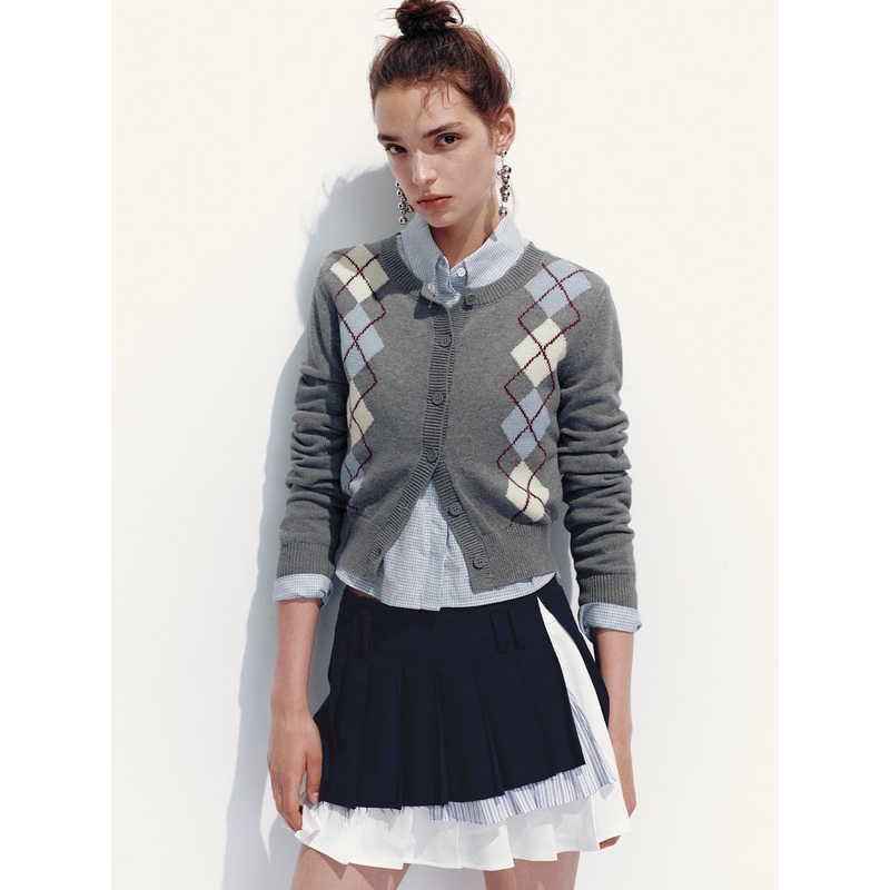 Argyle Knitted Cardigan Cool Gray Plaid XS