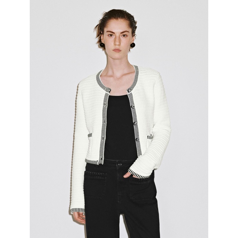 Patch Pocket Knitted Cardigan White XS