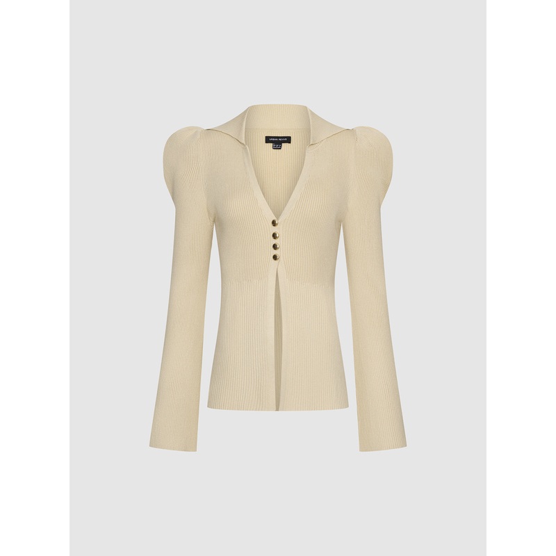 Puff Shoulder Tailored Knitted Cardigan Beige XS