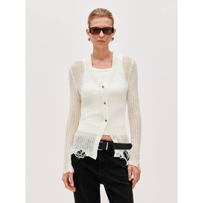 Ripped Hem V-Neck Knitted Cardigans White XS