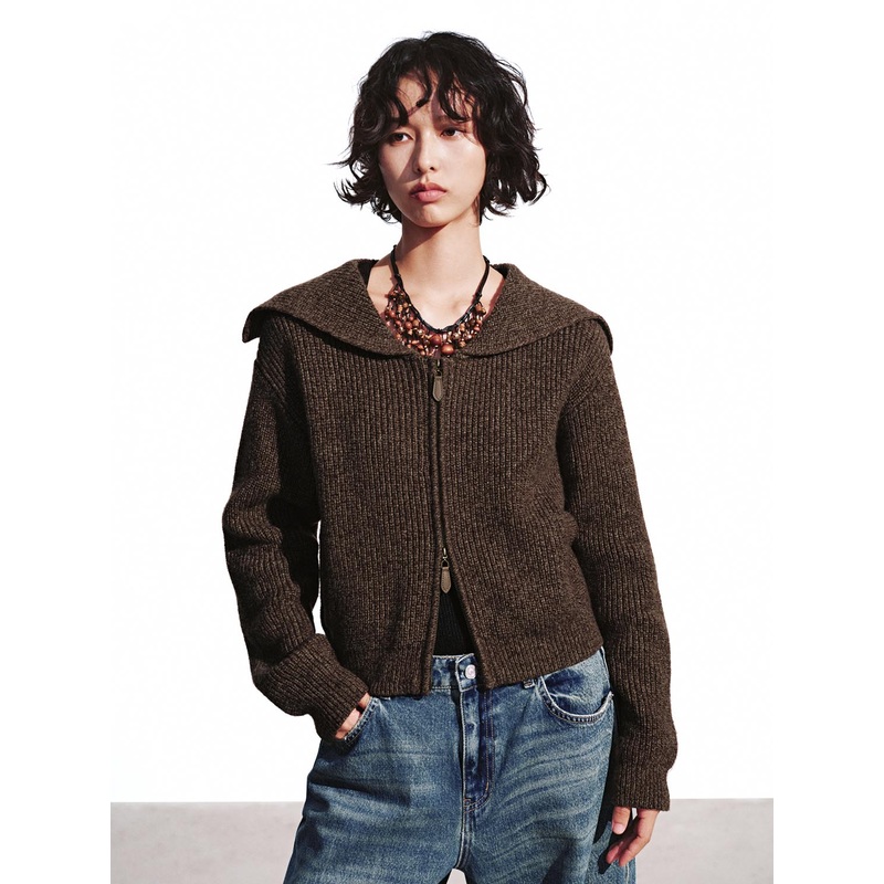 Collared Zip Up Knitted Cardigans Coffee XS