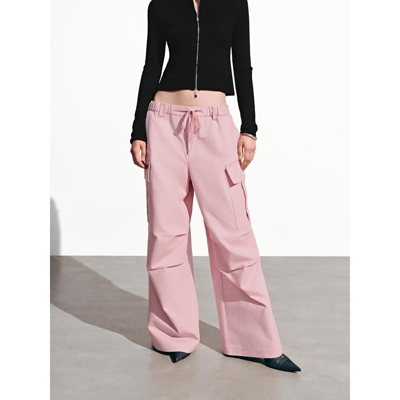 Flap Pockets Cargo Wide-Leg Pants Pink XXS