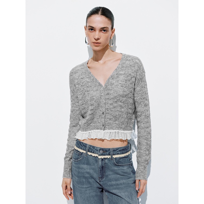 Lace Hem V-Neck Knitted Cardigans Grey XS