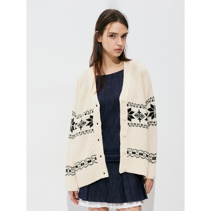Oversize V-Neck Knitted Cardigans White XS
