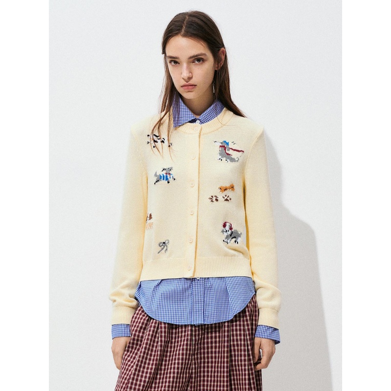 Printed Crew Neck Knitted Cardigans Yellow XS