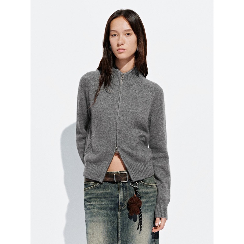 Zip Through Stand Collar Knitted Cardigans Grey XS