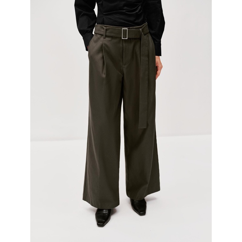 100% Cotton Belted Pleated Wide Leg Pants Khaki Green XXS