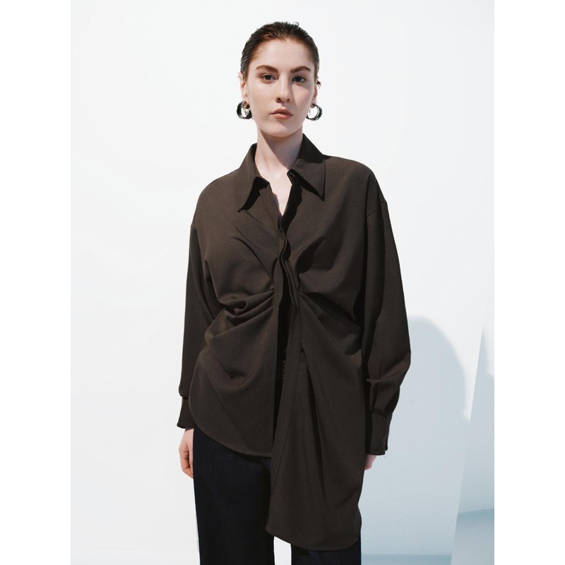 Asymmetric Twist Front Shirts Brown XS