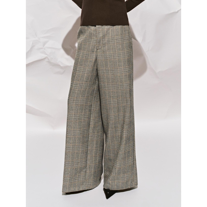 Check Wide Leg Pants Khaki Checkered XXS