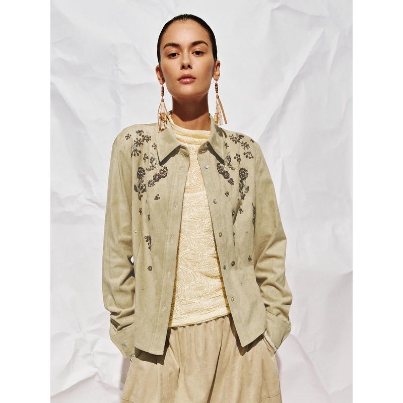 Floral Bead Long Sleeve Shirts Khaki XS