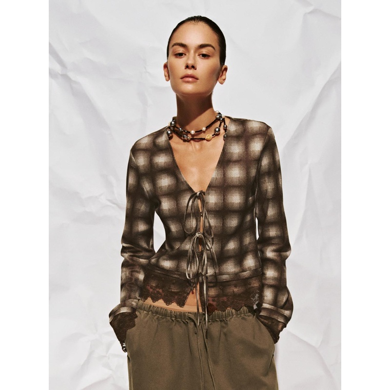 Slim Lace Hem Check Shirts Brown Checkered XS