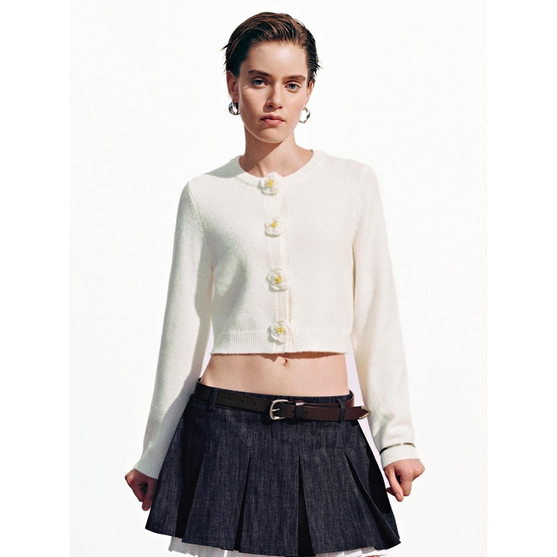 Floral Button Knitted Cardigans White XS