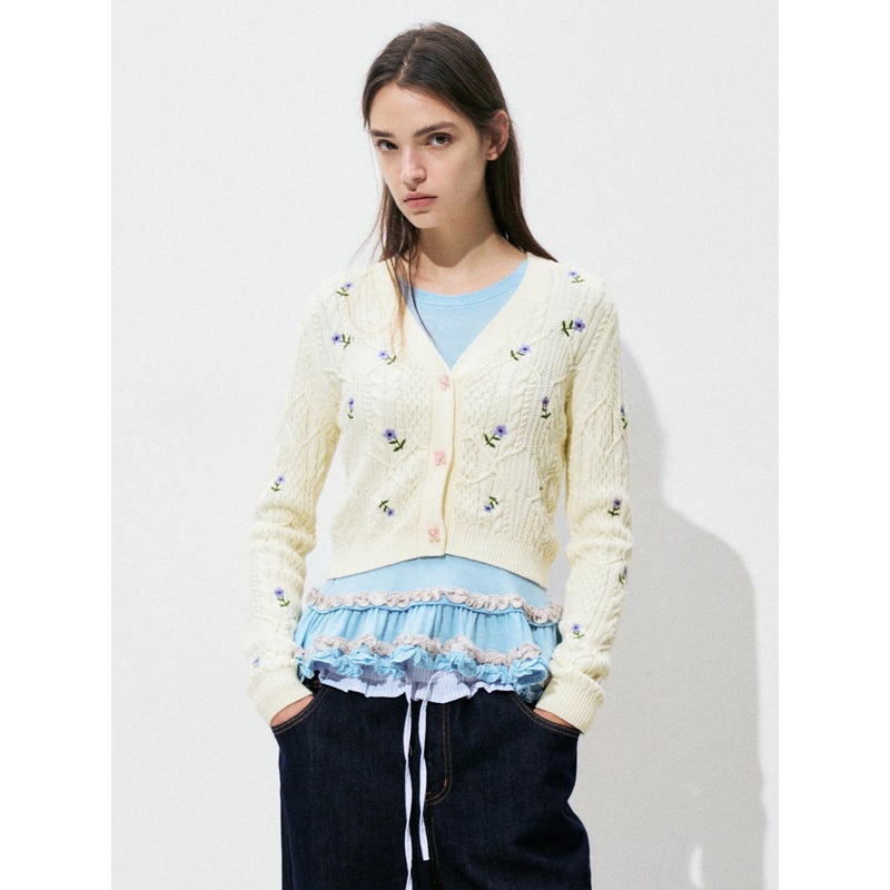 Floral Embroidered Cable Knit Cardigans White XS