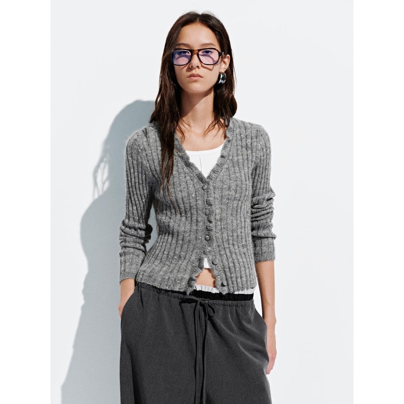 Ruffle Hem V-Neck Knitted Cardigans Grey XS