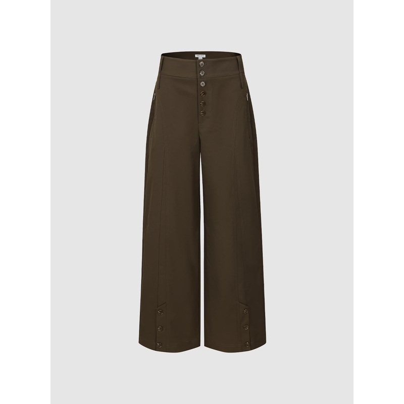 Button Detail Wide Leg Pants Brown XXS