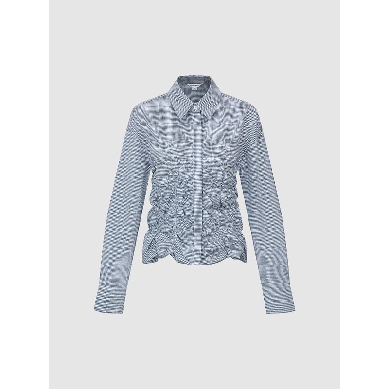 Check Ruched Tiered Shirts Teal Plaid XS