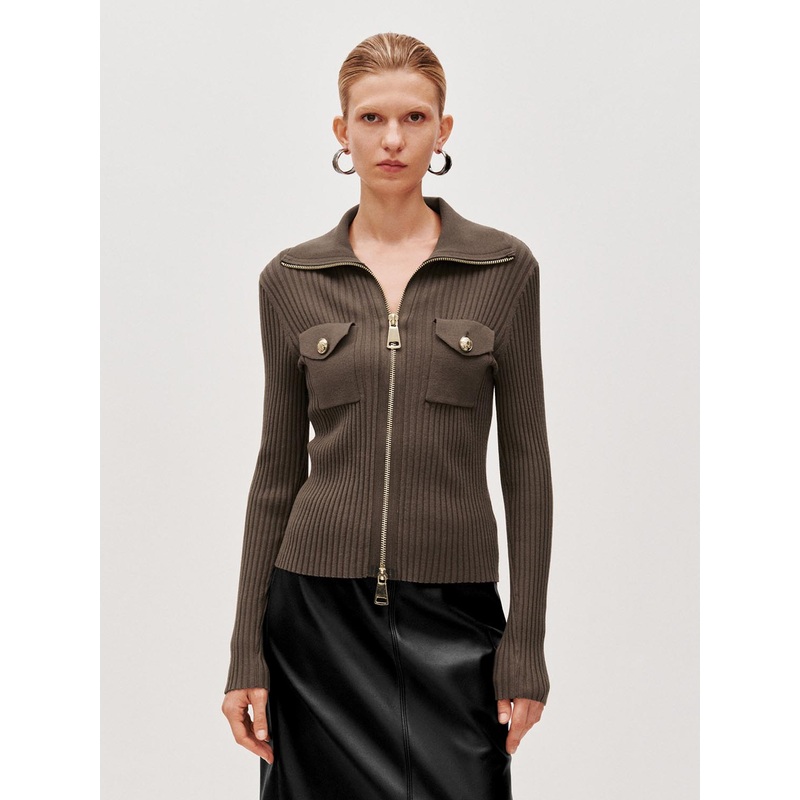 High Collar Knitted Cardigans Coffee XS