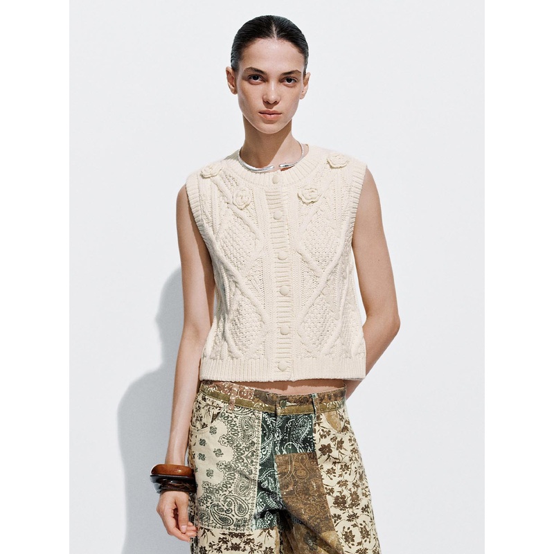 Cap Sleeve Cable Knitted Cardigan White XS