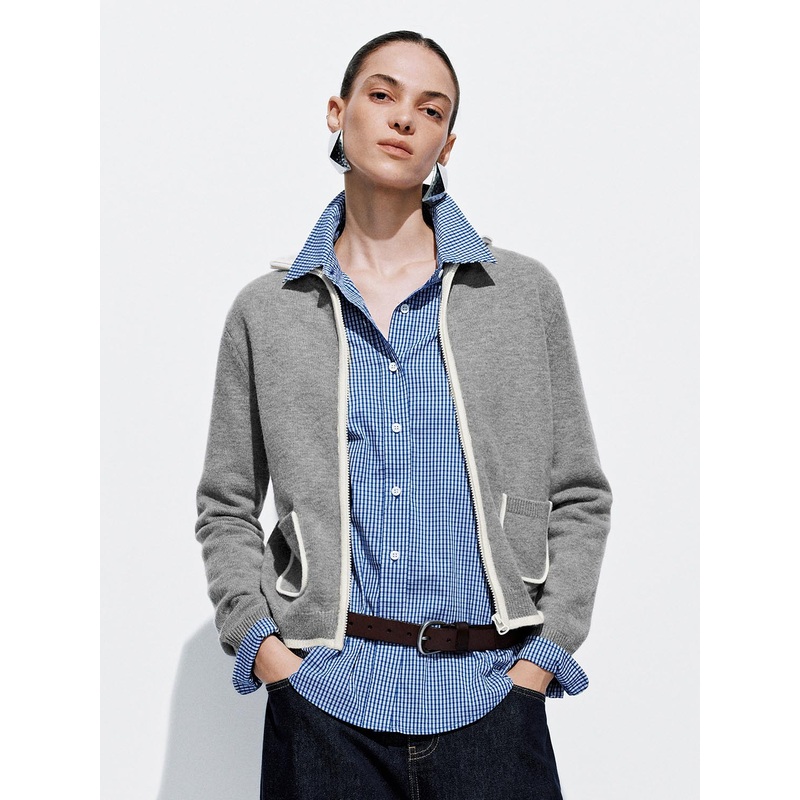 Collared Full Zip Knitted Cardigans Grey XS