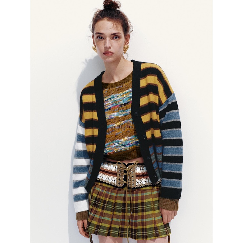 Contrast Striped Knitted Cardigan Turmeric Stripe XS