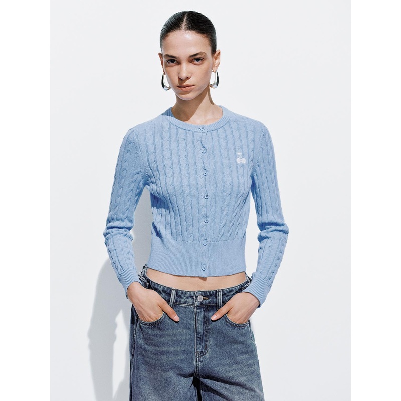 Embroidered Cable Knitted Cardigans Blue XS