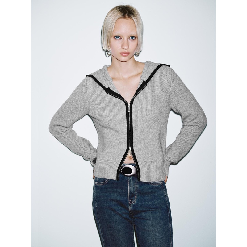 Hooded Zip Up Knitted Cardigans Light Grey XS