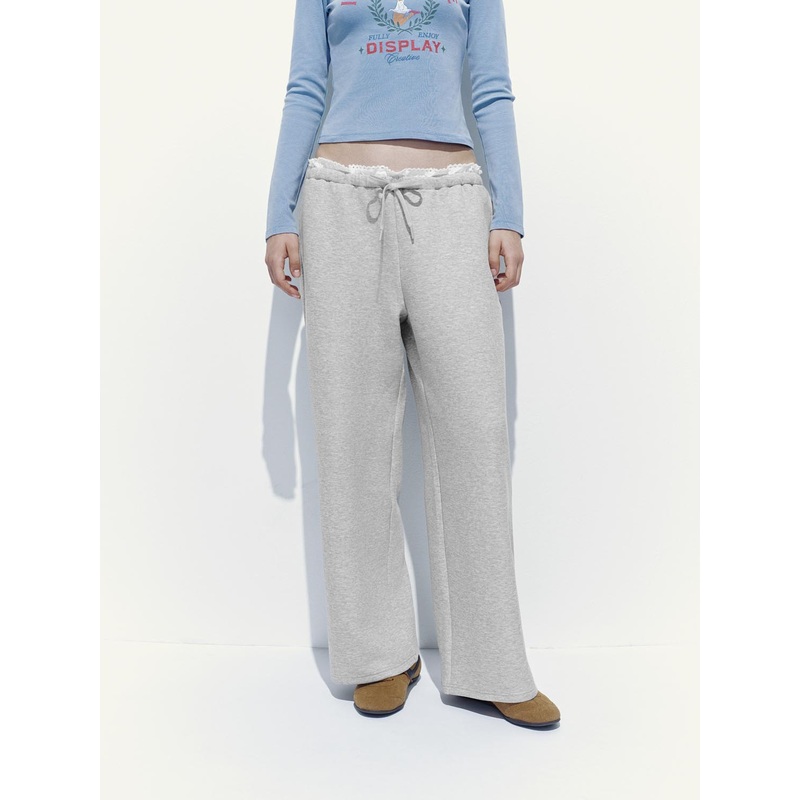 Lace Edge Floral Wide Leg Pants Grey XXS