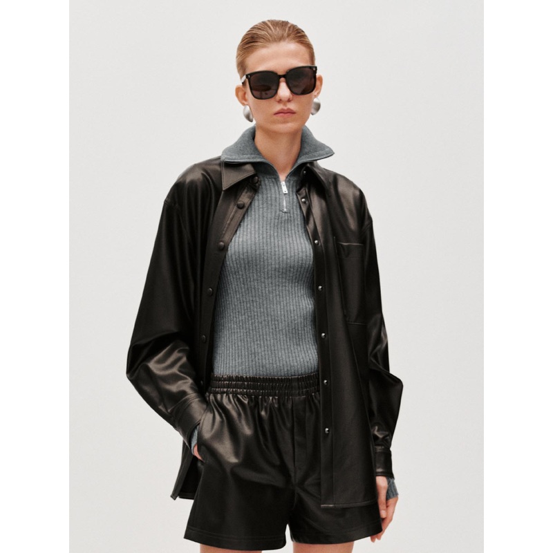 Faux Leather Oversize Shirts Brown XS