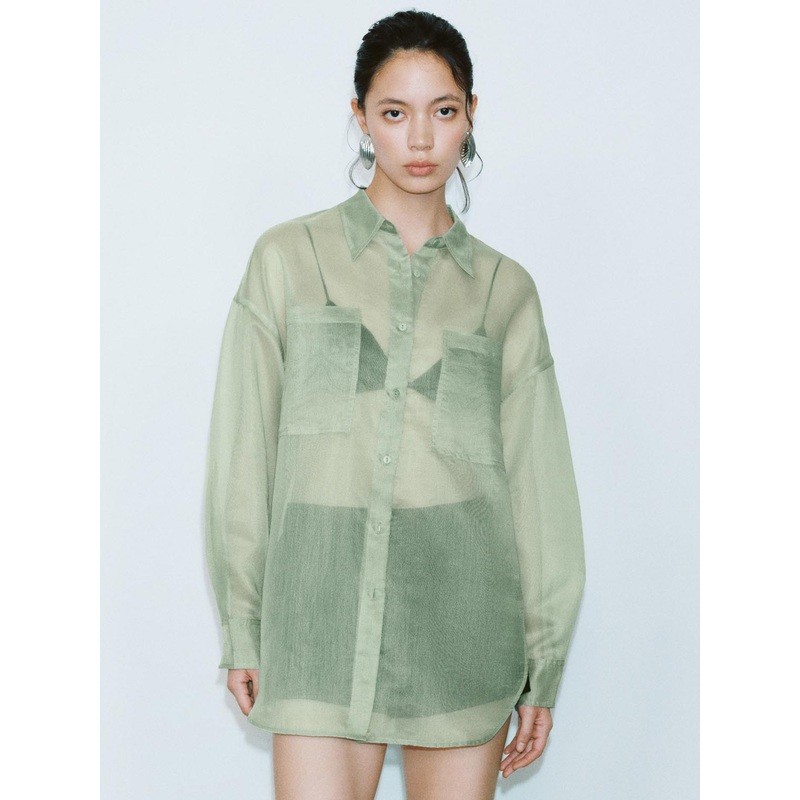 Loose Button Up Sheer Shirts Green XS