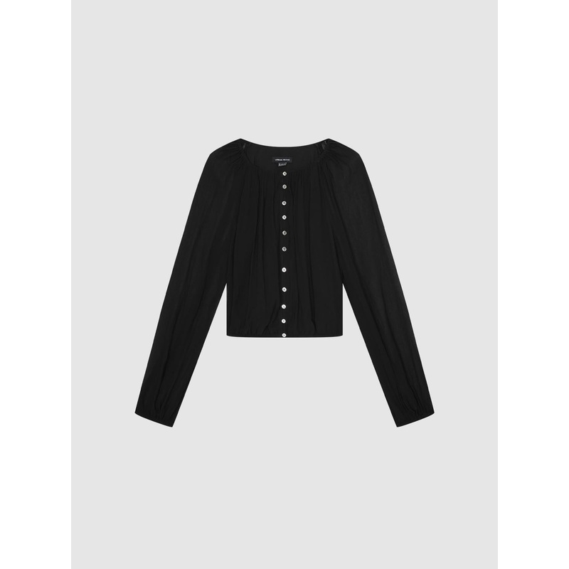Sheer Sleeve Button Detail Shirts Black XS