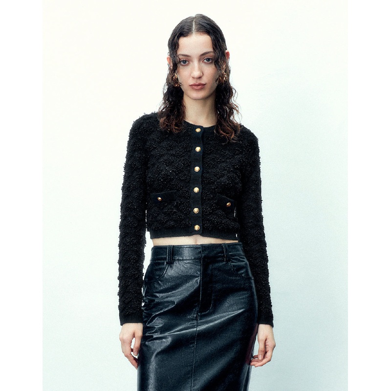 Button Up Tweed Knitted Cardigan White XS