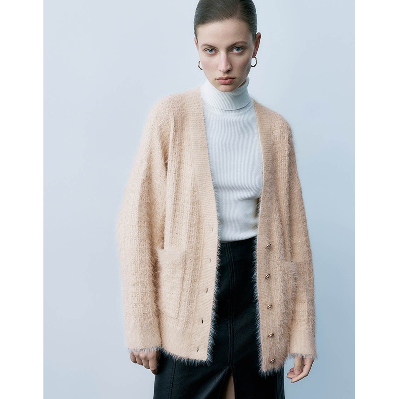 Faux Pearl Button Knitted Cardigan White XS