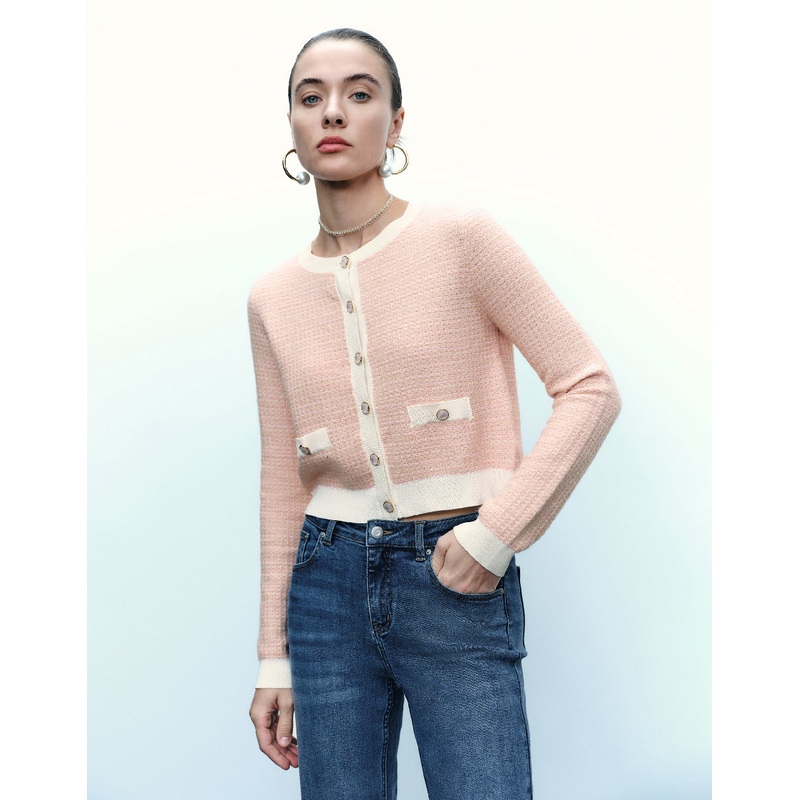 Knitted Cardigan With Faux Pearl Buttons Pink XS