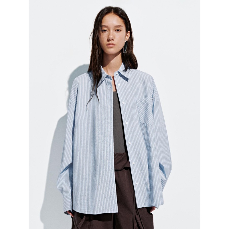 Patch Pocket Striped Shirts Pink and Blue Stripes S